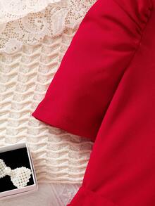 少女优雅通勤珍珠蝴蝶结泡泡袖修身上衣+二合一半裙短裤针织T恤套装 - 酒紅色 - 查看 5