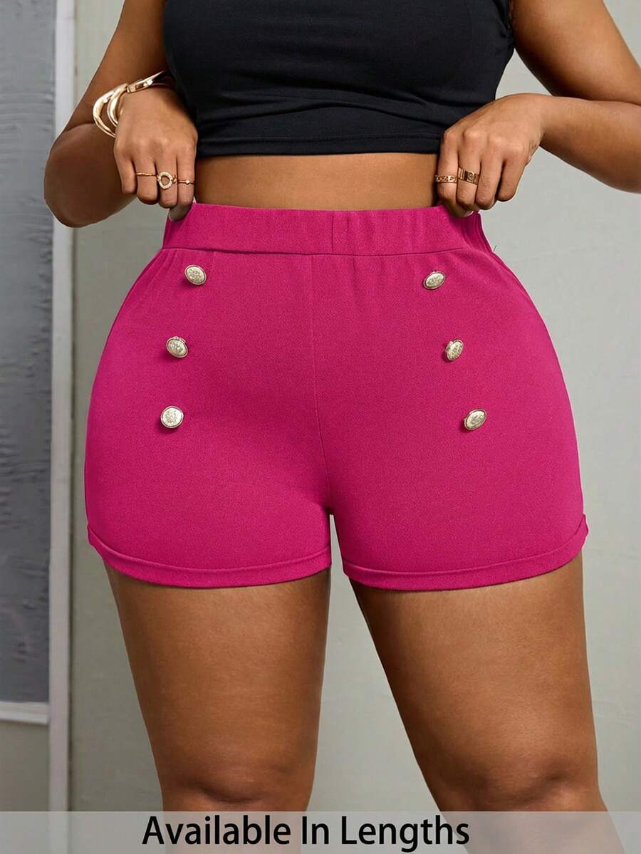 SHEIN PETITE CURVE Plus Size Summer Fashion Button Decor Elastic Waist Shorts - Hot Pink - View 1