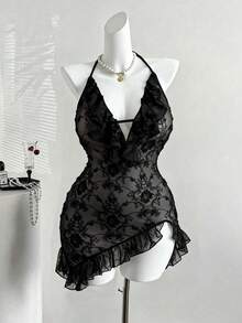 Sweetra 大码女式V领纯色露背无袖荷叶边下摆植绒紧身连衣裙 - 黑色 - 查看 1