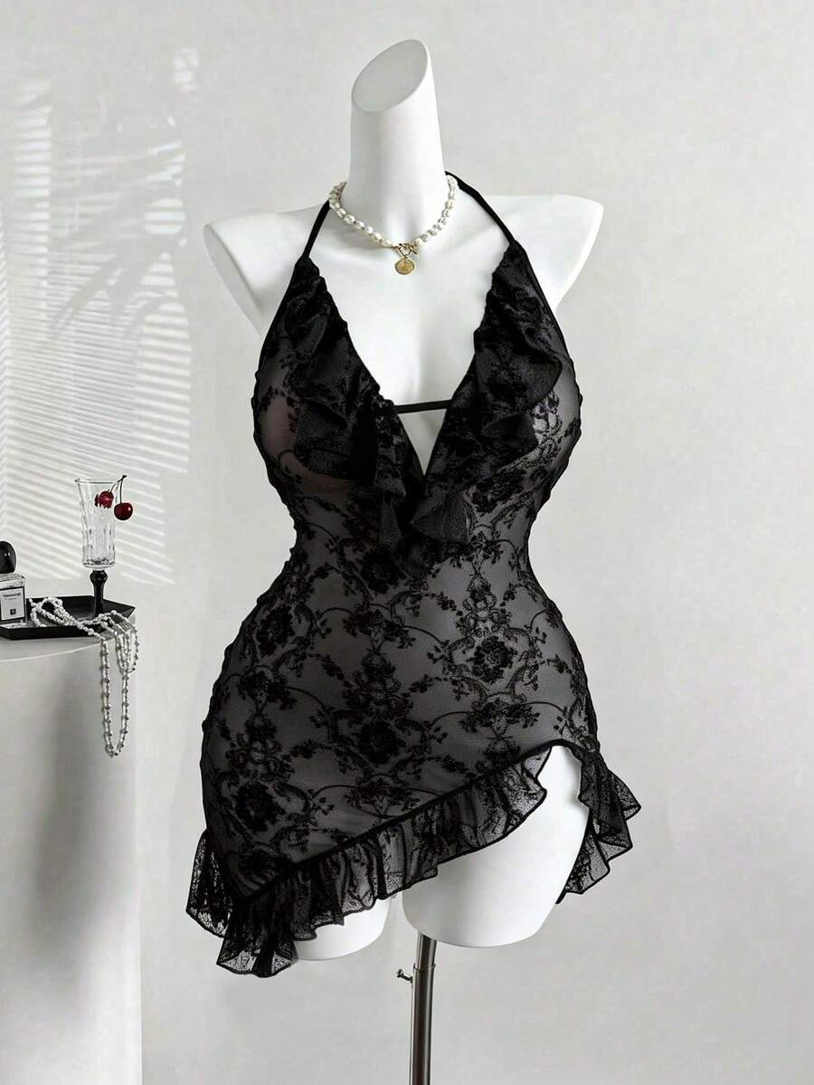 Sweetra 大码女式V领纯色露背无袖荷叶边下摆植绒紧身连衣裙 - 黑色 - 查看 1