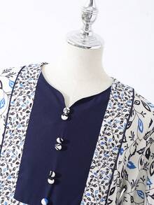 1pc Ramadan Leaf Print V-Neck Loose Robe, Traditional Arabic Clothing - Baby Blue - View 3