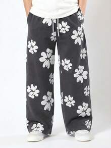 SUMWON 男童阔腿印花抽绳运动裤，弹性腰带，宽松休闲度假裤 - 深灰色 - 查看 4