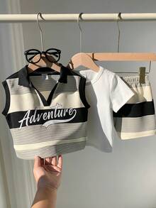 SHEIN 3件套男女通用婴儿黑白条纹套装，白色T恤，无袖背心和短裤，春夏男婴服装 - 黑與白 - 查看 9