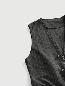 ROMWE MEN Goth Men's Striped Zip-Front Casual Versatile Commuter Vest - Black - View 10