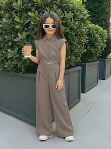 SHEIN Firerie Kids Nova Glow 两件套少女休闲翻领口袋衬衫和直筒裤，通勤装