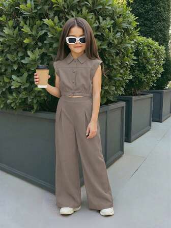 SHEIN Firerie Kids Nova Glow 两件套少女休闲翻领口袋衬衫和直筒裤，通勤装