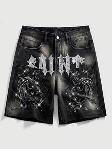 ROMWE MEN 男士时尚休闲街头水钻刺绣水洗牛仔短裤 - 黑色 - 查看 1