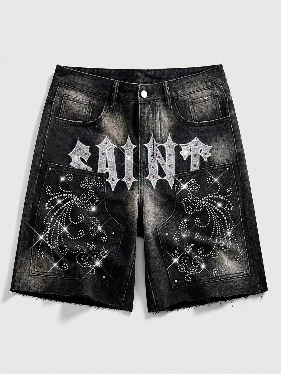 ROMWE MEN 男士时尚休闲街头水钻刺绣水洗牛仔短裤 - 黑色 - 查看 1