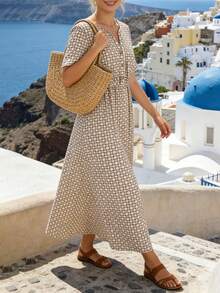 SHEIN Holidaya 女士休闲V领短袖连衣裙，适合度假休闲穿着，春夏款 - 杏色 - 查看 4