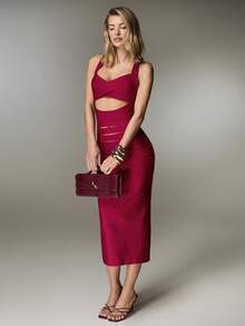 Nuvra 女士纯色腰部镂空修身性感无袖连衣裙 - 酒紅色 - 查看 4