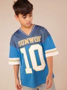 SUMWON Camiseta de manga corta con cuello en V de verano casual con gráfico del número 10 de fútbol para niños, talla grande - Azul - Ver 1