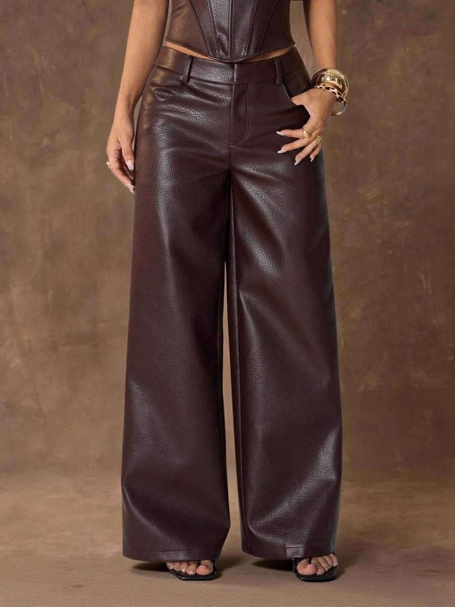SHEIN PETITE 女士纯色PU皮革口袋阔腿宽松裤