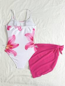 SHEIN Teen Girls White Floral Print Ruched Waist One-Piece Swimsuit With Skirt, Casual Beach Vacation Swimwear Set, Spring/Summer