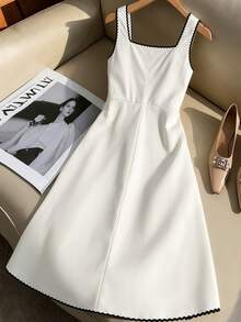 SHEIN Vestido sin mangas con cuello cuadrado, botones metálicos y volantes en bloques de color para adolescentes - Blanco - Ver 2