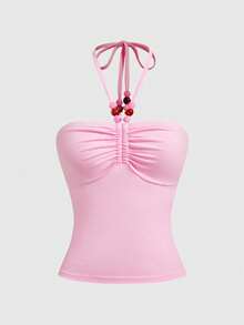 ROMWE Women's All-Match Versatile Halter Neck Beaded Decor Fitted Tank Top - Pink - View 2