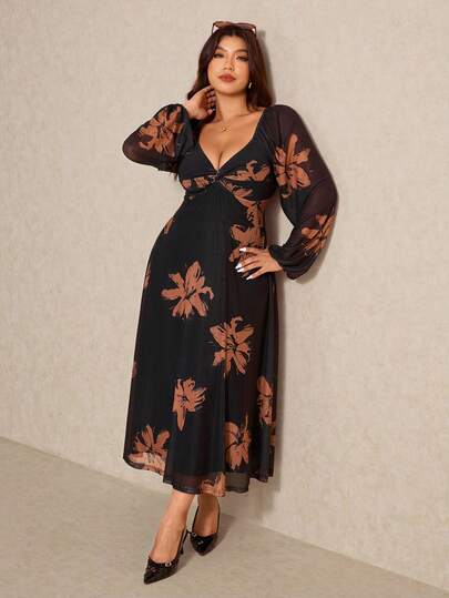 Elaquor Plus Size Elegant & Fashionable V-Neck Twist Knot Midi Flocked Bodycon Dress, Suitable For Evening, Party Season Spring Outfit For Women Elegant Casual Vacation Outfit Spring Dress For Women