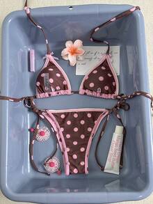 Swim Mod Women's Polka Dot Triangle Soft Cup Neck Tie Set - Hot Pink - View 6