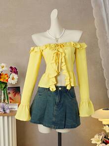 Bellisia Blusa de unicolor con hombros descubiertos, manga larga y ribete de volantes, adecuada para citas y uso diario