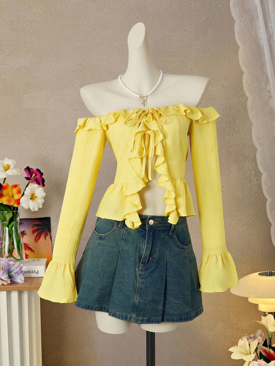 Femesol 女士纯色露肩长袖荷叶边上衣，适合约会、通勤、Y2K风格、度假、派对、情人节、夏季假期等场合。黄色露肩荷叶边上衣，黄色夏季上衣，可爱黄色上衣 - 黃色 - 查看 1