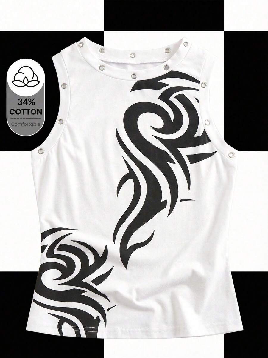 Shutterstock Y2Kool Valentine's Day Women's Fashion Streetwear Printed Lace-Up Sleeveless Top Summer Snap-Button Printed Sporty Party Top White Printed Tank Top Metal Lace-Up Top Styling Inspiration Fashion Collection New Year Outfits Hot Chick Cotton Pieces - White - View 1