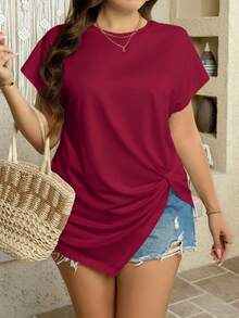SHEIN LUNE Plus Size Women's Solid Color Round Neck Short Sleeve Asymmetric Hem Casual T-Shirt Plus Size Solid Color T Shirt Wine Red Top Dark Red Tops Long T Shirt For Women Plus Size Oversized T Shirt, Going Out Tops - Burgundy - View 1