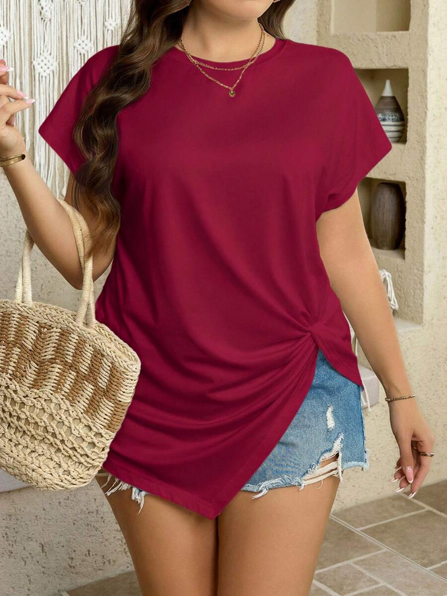 SHEIN LUNE Plus Size Women's Solid Color Round Neck Short Sleeve Asymmetric Hem Casual T-Shirt Plus Size Solid Color T Shirt Wine Red Top Dark Red Tops Long T Shirt For Women Plus Size Oversized T Shirt, Going Out Tops - Burgundy - View 1