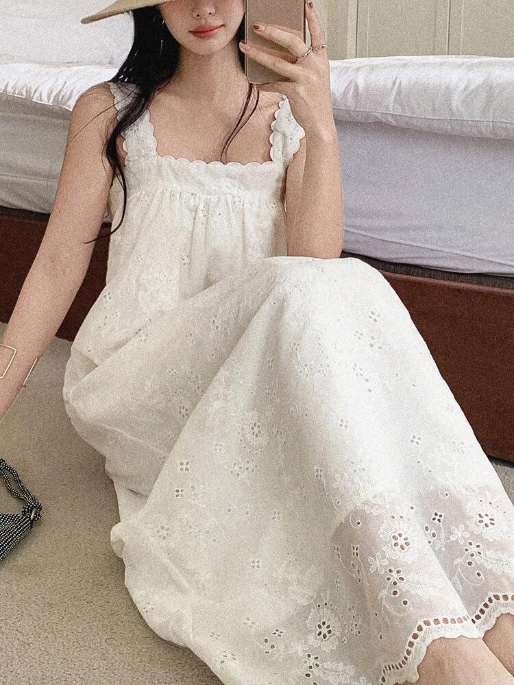 Women's Hollow Embroidery Square Neck Sleeveless Elegant Mid-Length Dress,Valentine Outfits For Women Summer Maxi Dress Sundress