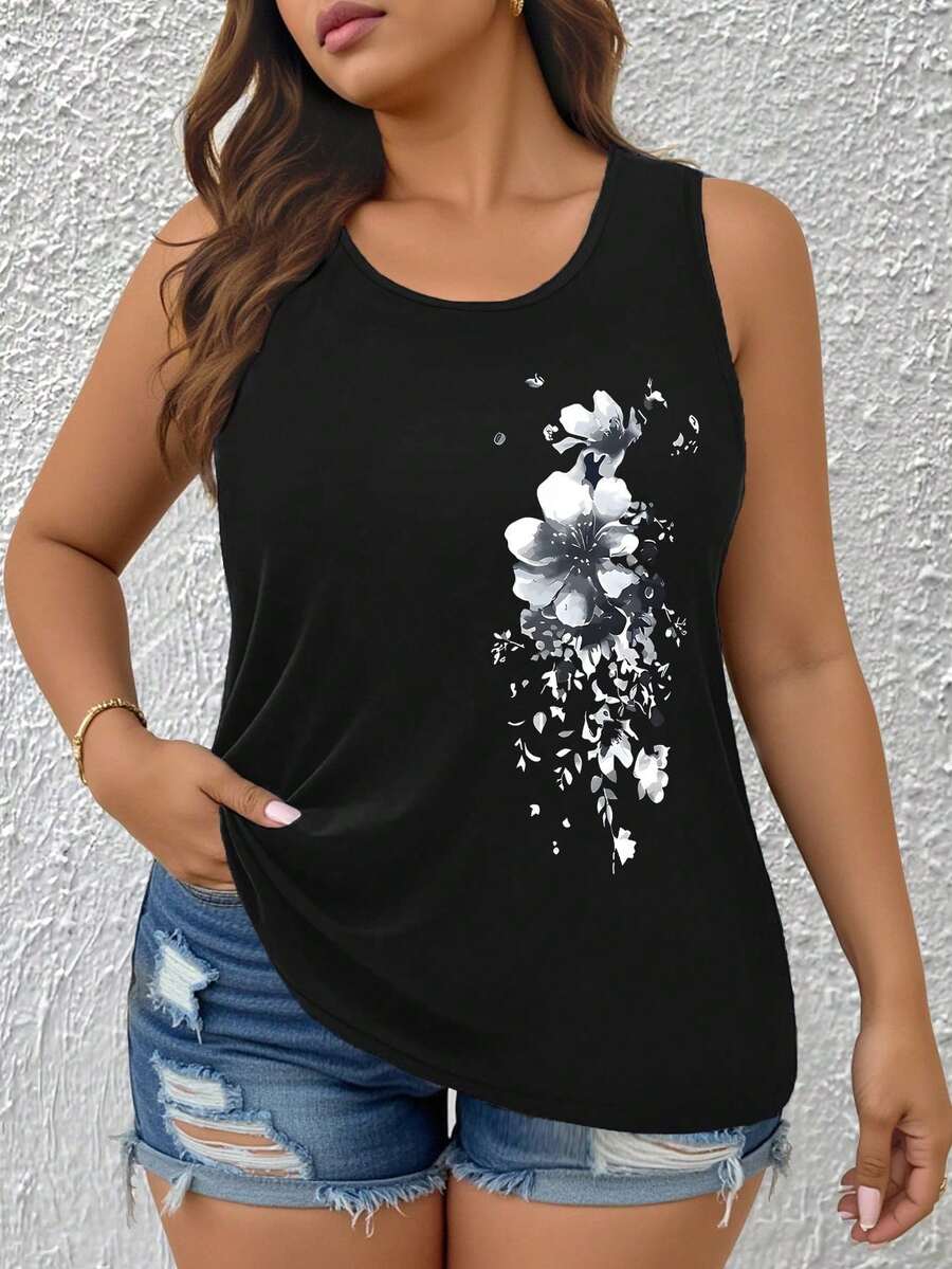 EMERY ROSE Plus Size Women's Summer Floral Pattern Tank Top - Black - View 1