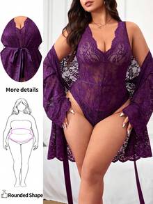 Enliva Plus Size Women's Sheer Lace Bodysuit And Long Sleeve Jacket Set,Purple,Autumn,Elegant,Wedding, Two Pieces Valentine's Day Gift For Rounded Body - Purple - View 1