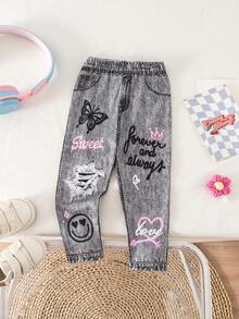 SHEIN 女婴可爱街头时尚印花弹力腰裤 - 彩色 - 查看 10