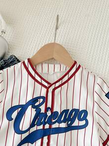 Young Boy Woven Round Neck Striped Letter & Number Graphic Casual Shirt