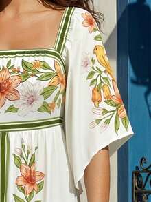 CAJUNI Vestido casual de mujer con cuello cuadrado, mangas con volantes y estampado floral - Multicolor - Ver 5