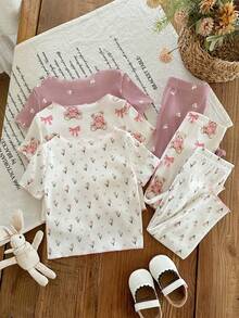 LMoss Kids 6件套女婴针织小熊和碎花圆领T恤和裤子睡衣套装 - 彩色 - 查看 2