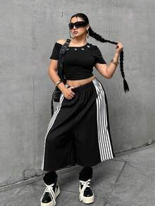 POPSWAY 大码女式休闲条纹印花阔腿七分裤 - 黑與白 - 查看 3