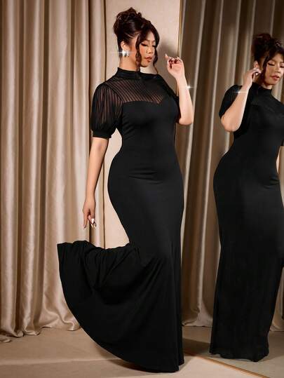 Cravure Plus Size Knit Short Sleeve Elegant Vintage Mesh Dress, Black