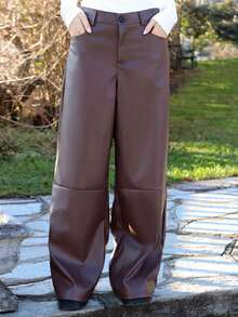 SILVIA DI SANTO 女士皮革女裤纯色前扣简约休闲裤、日常穿着、女士下装 - 咖啡棕 - 查看 5