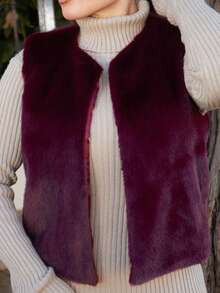 Lupita Cardoza 无袖基本款外套，秋冬优雅时尚人造皮草大衣 - 酒紅色 - 查看 5