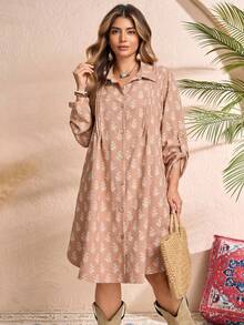 Rusticease Đầm sơ mi dài tay cài cúc đơn xếp ly thêu hoa dành cho nữ cỡ lớn - Nhiều màu - Xem 8