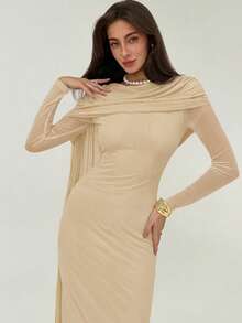Aloruh Women's Solid Color Pleated Ruffle Elegant Slim Dress - Beige - View 5