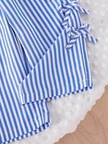 女婴两件套罗纹针织吊带背心（带蝴蝶结装饰）和条纹短裤套装，舒适时尚，适合夏季、日常休闲和户外活动穿着。 - 白色 - 查看 5