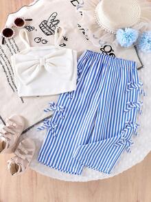 女婴两件套罗纹针织吊带背心（带蝴蝶结装饰）和条纹短裤套装，舒适时尚，适合夏季、日常休闲和户外活动穿着。 - 白色 - 查看 8