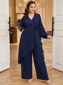 Reflora Bộ đồ dự tiệc thanh lịch dành cho nữ cỡ lớn: Áo dài tay cổ chữ V vạt không đều xếp ly phối màu tương phản + Quần ống đứng ôm sát - Màu xanh hải quân - Xem 4