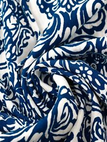 Linhara 大码女式夏季荷叶边V领蝴蝶结印花双层袖休闲度假衬衫短袖夏季上衣女式夏季衬衫上衣女式夏季衬衫蓝白上衣夏季休闲上衣 - 藍白色 - 查看 4