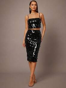 Silquee 两件套性感红色吊带紧身连衣裙 - 黑色 - 查看 5