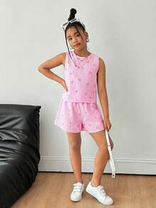 SHEIN 2pcs/Set Tween Girls Casual Textured Fabric Bow Back Camisole Top And Shorts Set - Pink - View 4