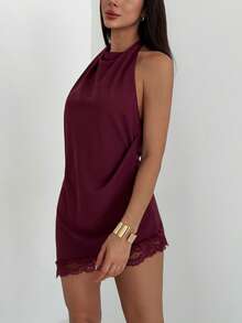 Aloruh 女士优雅加长蕾丝拼接吊带上衣 - 棕色 - 查看 3