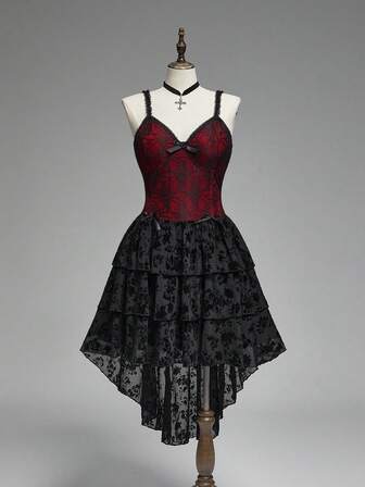 Goth Abito stile gotico con orlo in pizzo asimmetrico, stampa a ragnatela nera e rossa, abito gotico oversize per Natale