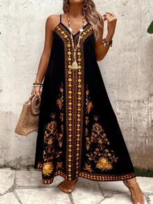 Breezaya 大码女式深V领无袖波西米亚风印花刺绣长裙，复古休闲度假海滩通勤夏季新款 - 彩色 - 查看 6