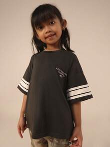 SUMWON Kids Face Graphic Tee With Striped Sleeves Crew Neck Short Sleeve T-Shirt With Fun Print Design - Black - View 2