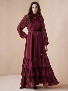 Arave Women's Elegant Loose Fit Chiffon Layered Ruffle Collar Dress New Year - Burgundy - View 9